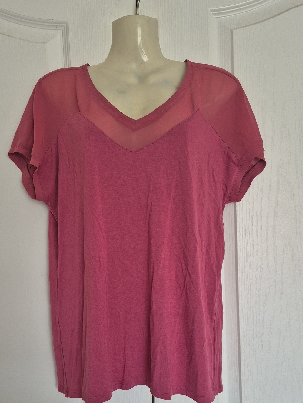 RW&CO. Rose Pink Short Sleeve V-Neck Top with Sheer Yoke